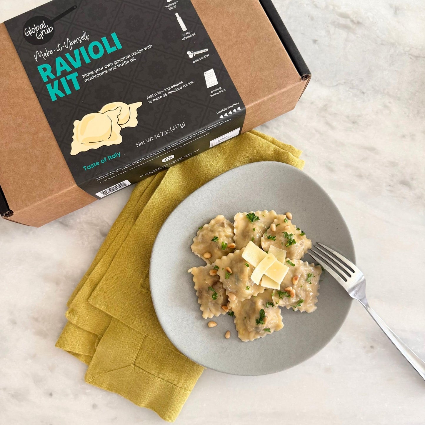 Global Grub DIY Ravioli Making Kit – Make Your Own Pasta Kit at Home • Includes 00 Flour, Gourmet Mushrooms, Truffle-Infused Oil and + Pasta Cutter Wheel • Gourmet Pasta Gift