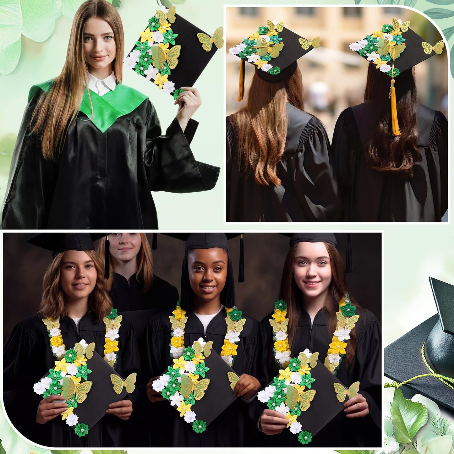 Dunzoom 36 Pcs DIY Graduation Cap Decorations Kit Graduation Ribbon Leis Decor Include Satin Fabric Flowers 3D Butterfly for Grad Hat Craft Party Supplies(Green)