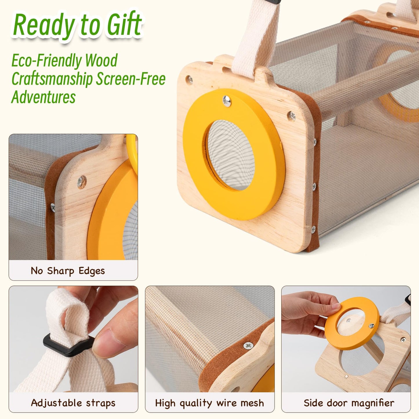 Wooden Bug Catcher Kit for Kids 3-8, 10PCS Outdoor Explorer Set with Bug House, Butterfly Net, Magnifier & Tools, Catch & Release STEM Nature Kit, Non-Plastic Educational Gift for Boys & Girls