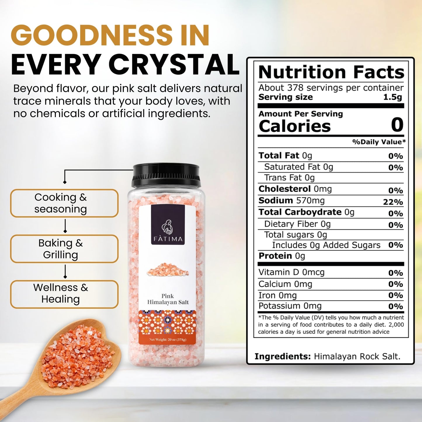 Fàtima Pink Himalayan Salt | 100% Pure & Mineral-Rich Coarse Himalayan Pink Salt Crystals | Natural, Non-GMO, Fine Grain for Grinder Refill, Cooking, Seasoning & Table Use | 20 Oz