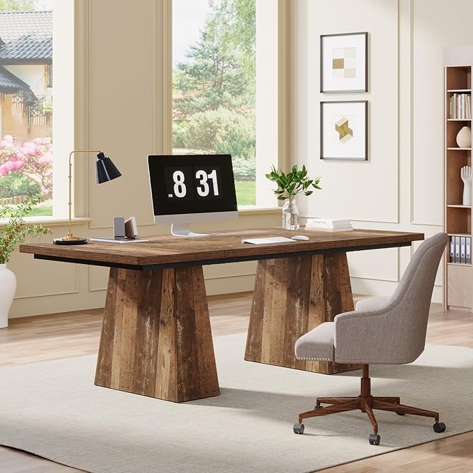 Tribesigns 63-Inch Executive Desk, Large Office Computer Desk with Double Pedestal, Modern Simple Workstations Writing Table Conference Table Business Furniture for Home Office, Espresso Brown