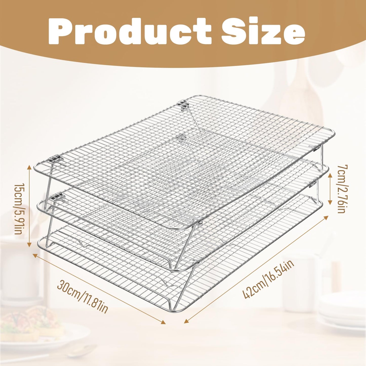 Stainless Steel Stackable Cooling Rack for Baking, 3-Tier Cooling Rack Set, Stackable Heavy Duty Stainless Steel Wire Racks, for Baking Cooking Grilling, Oven & Dishwasher Safe, 12”x 16.5”, Silver