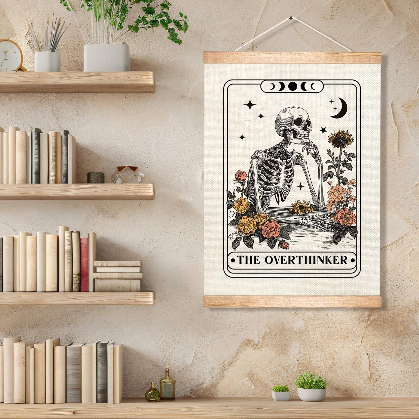 HEYJEEPER The Overthinker Tarot Card Wall Art,Skeleton and Floral for Witch Room Decor,Humorous Wall Hanging Linen Print Poster for Bedroom,Library, Study room 14x18inch(The Overthinker)