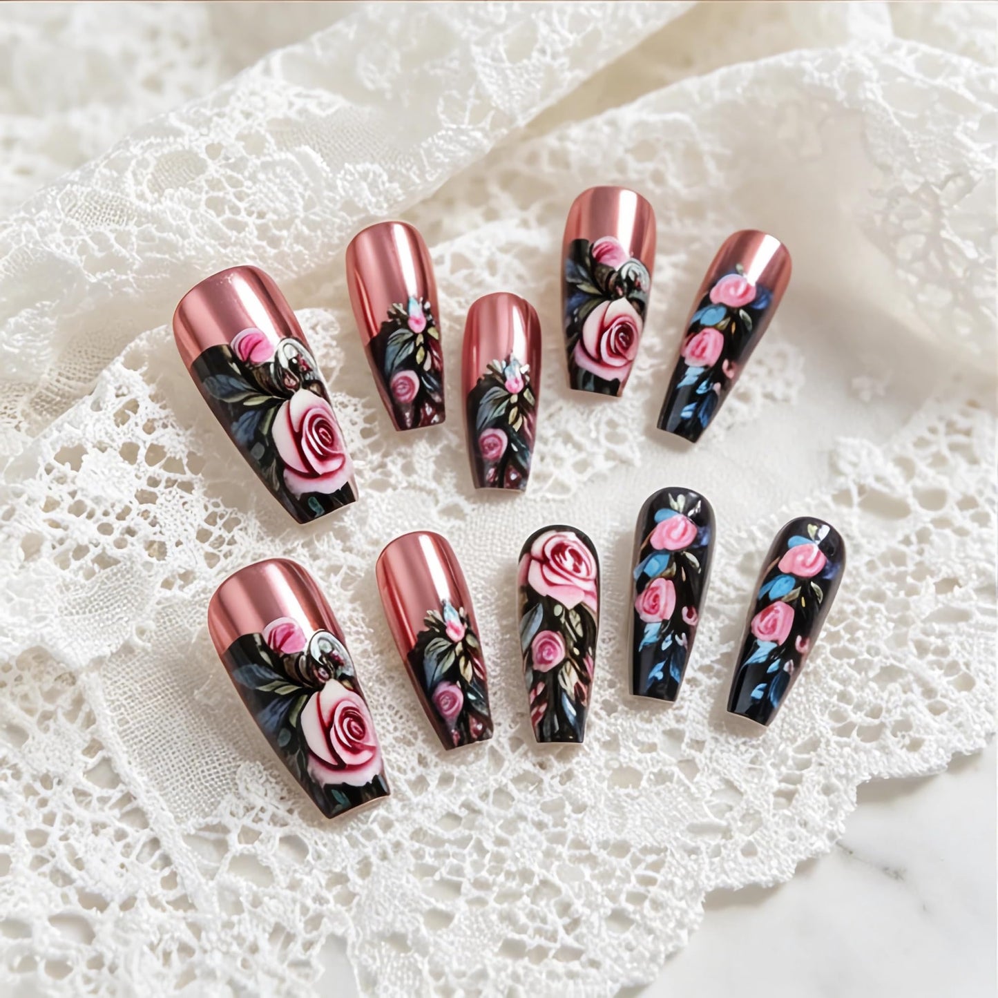 BABALAL Long Coffin Press On Nails, Romantic Rose Fake Nails with Pink Chrome Metallic & Floral Print, Black Acrylic Stick On Nails for Women 24Pcs