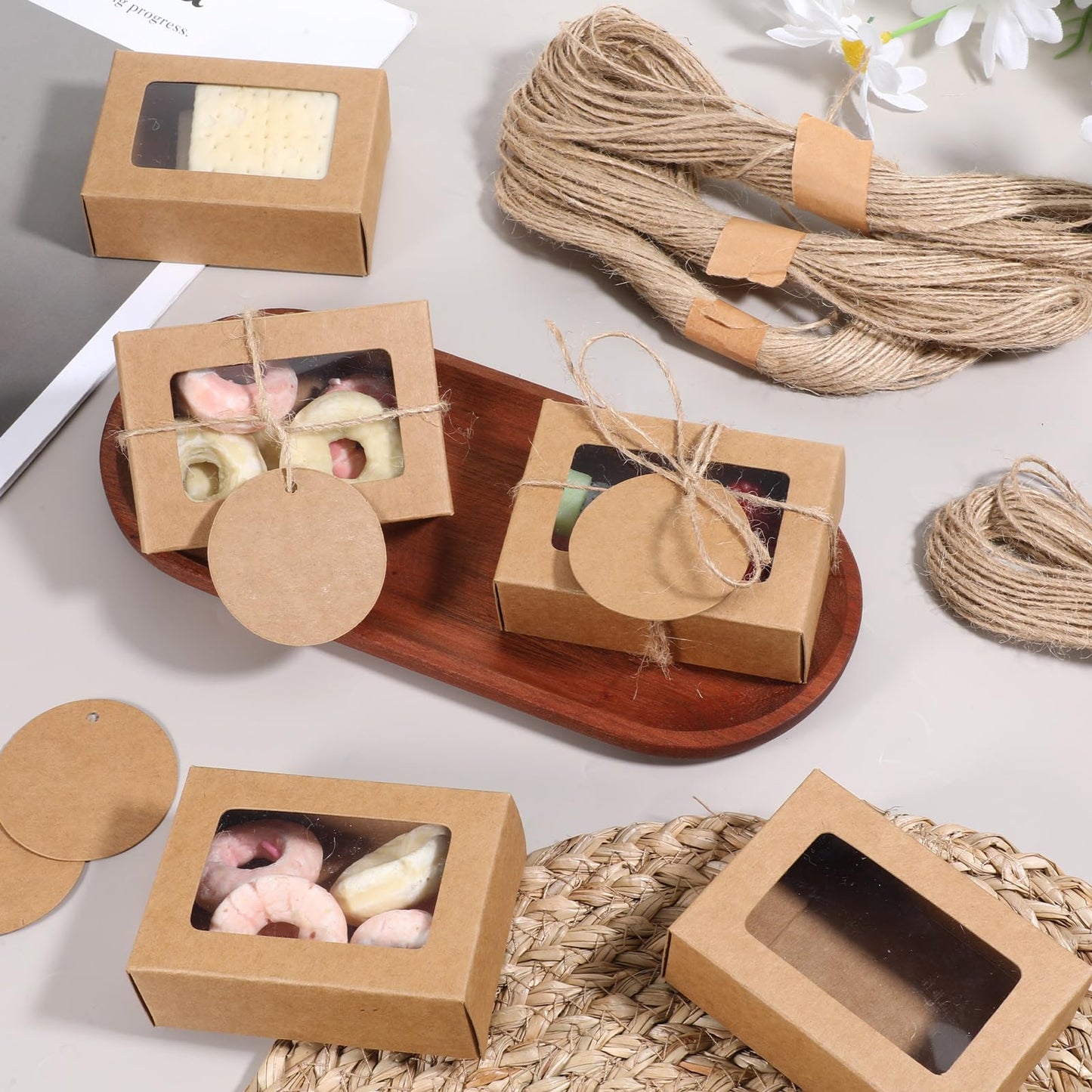 100 Pcs Soap Boxes for Handmade Soap, 3.35 x 2.36 x 1.18 Inch Kraft Paper Soap Packaging Boxes with Clear Window Small Rectangular Gift Wrapping Box for Bakery Candy Cookies Chocolate Party Favors