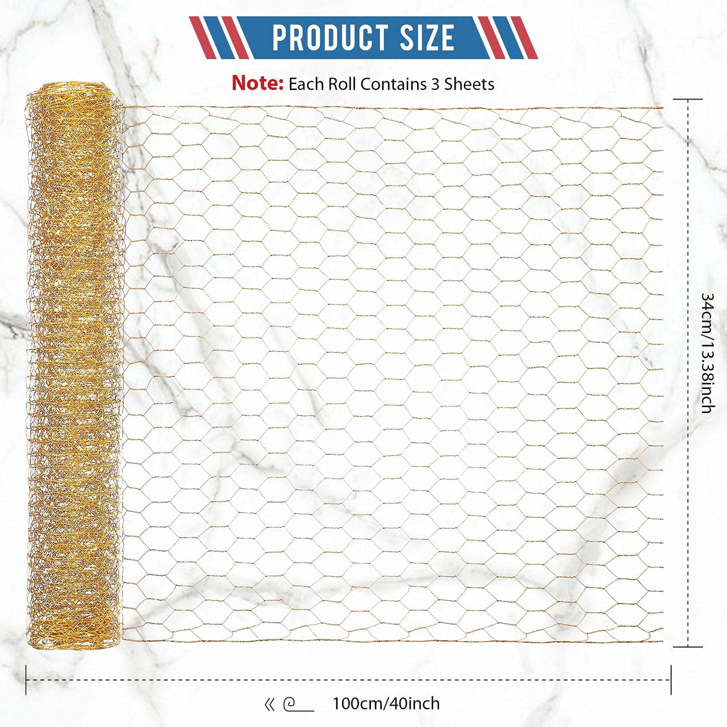 3 Pieces 40 x 13 inches Gold Chicken Wire Net for Craft Projects Lightweight Galvanized Hexagonal Frame Chicken Wire Mesh for Unfinished Wooden Window Frames DIY Craft Work Home Decor