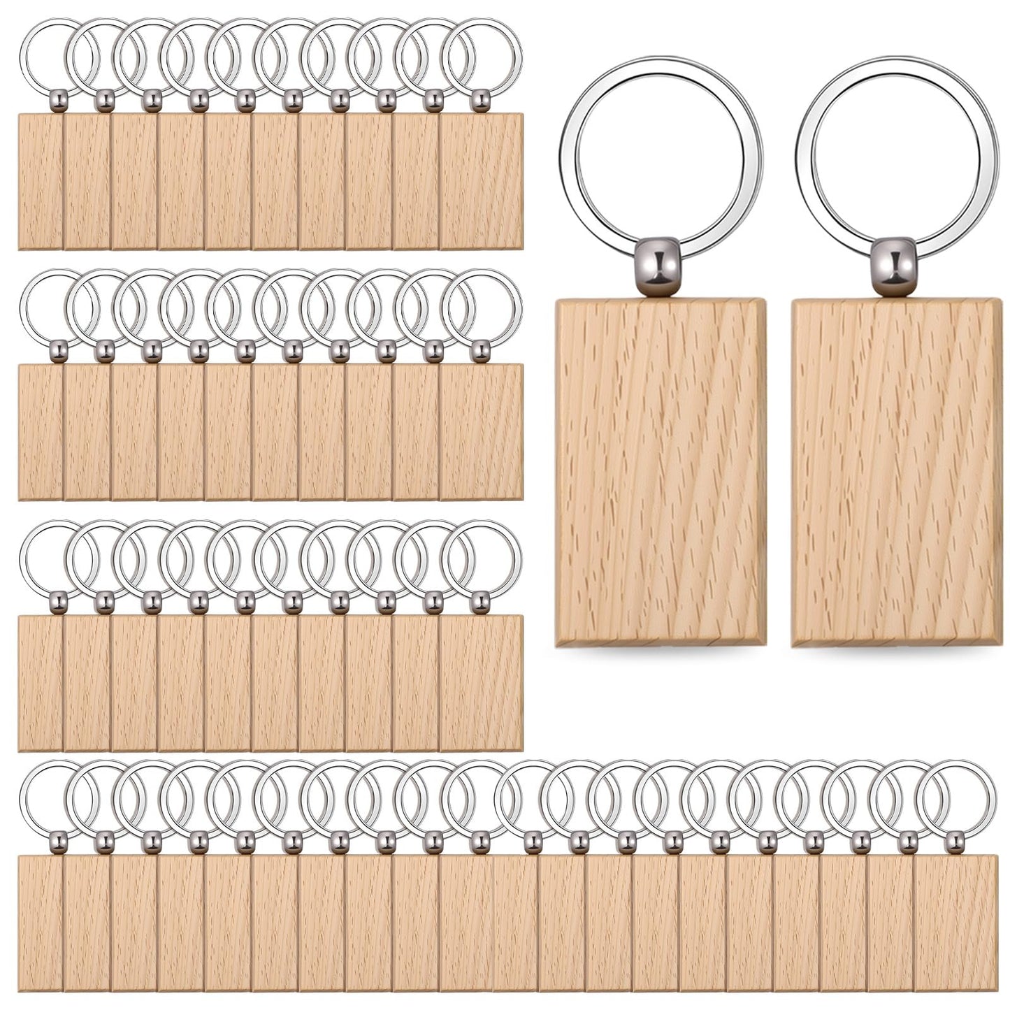 50 Pcs Wooden Keychain Blanks, Unfinished Wood Key Chains Bulk for DIY, Laser Engraving Gifts, Crafting, Gift Making, Rectangle Shape