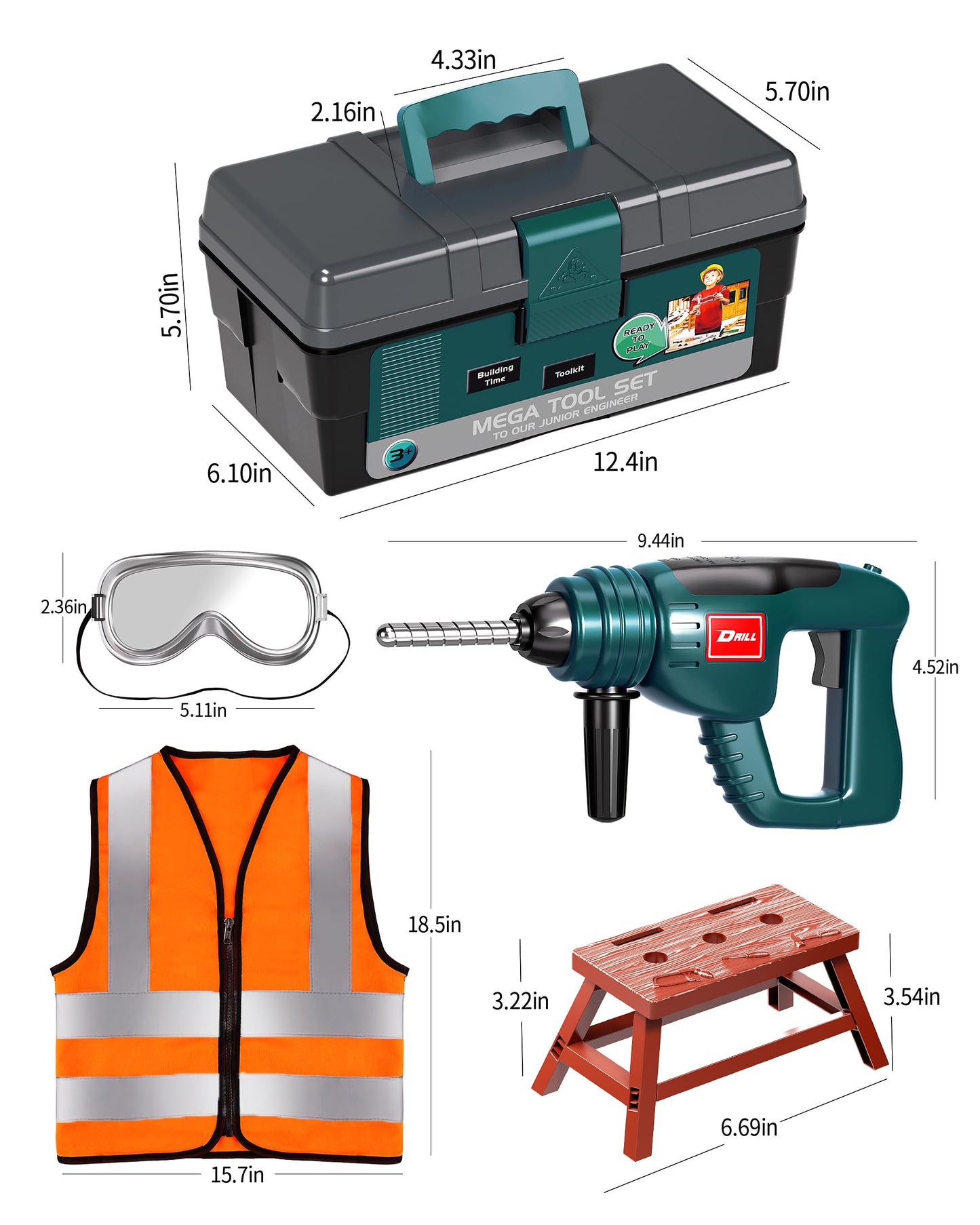 Deejoy Tool Set with Tool Box & Electronic Toy Drill, Pretend Play Kids Construction Kits for Kids Ages 3-5 Years Old, Toddler Boy Toys(Green)