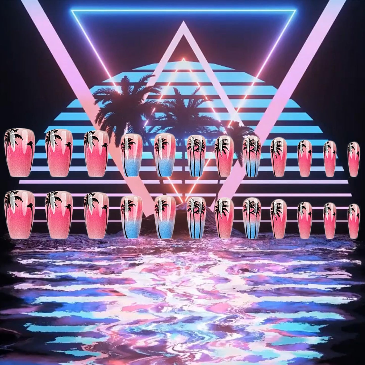 Summer Press on Nails Medium Coffin Fake Nails with Coconut Trees Design Glue on Nails Pink Sky Blue Sea False Nails Glossy Full Cover Stick on Nails Acrylic Artificial Nails for Women 24Pcs