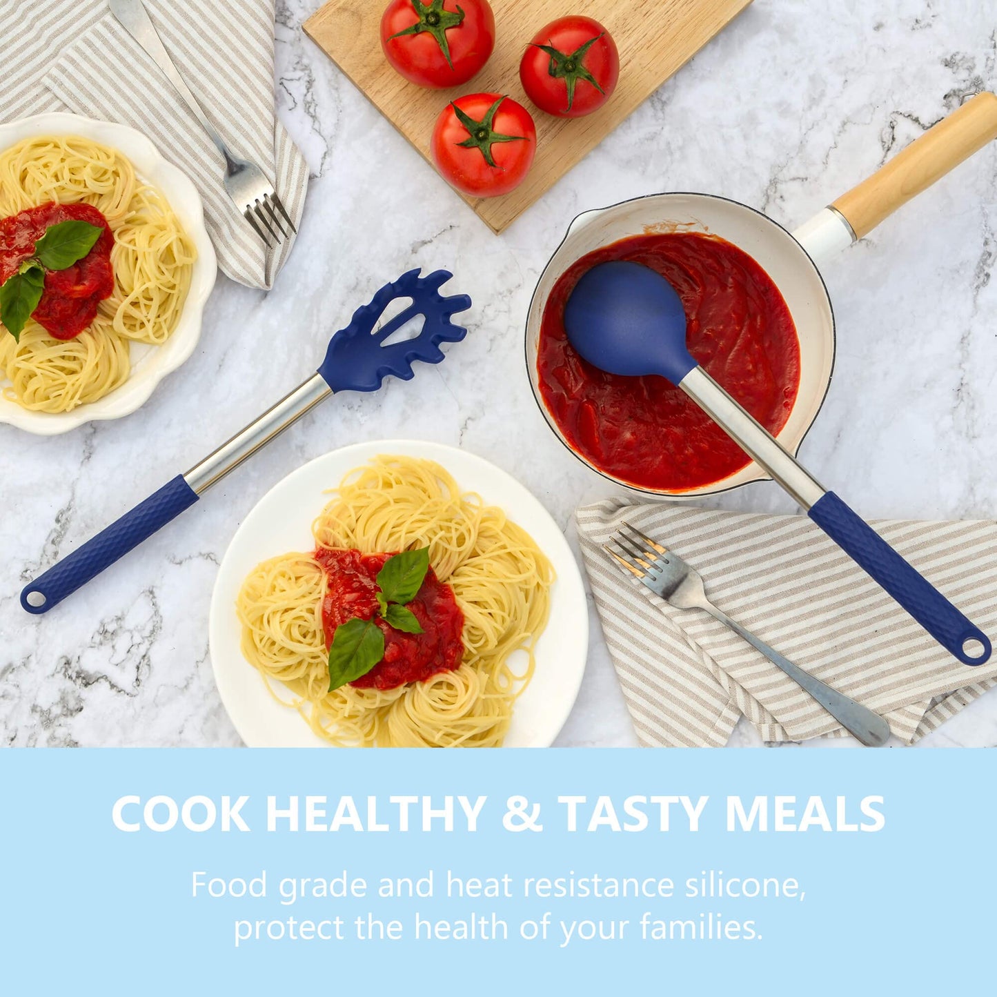 Silicone Kitchen Utensils Set - 28 Pieces Cooking Utensils Set Non-Stick Heat Resistance Silicon with Stainless Steel Handle - Royal Blue