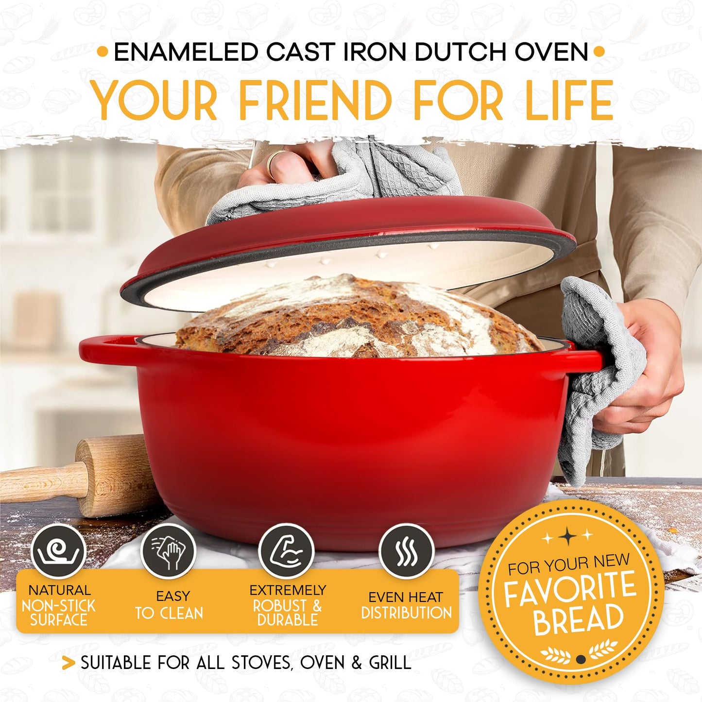Crovora 6 QT Enameled Cast Iron Dutch Oven for Bread Baking with Lid - Incl. Sourdough Bread Baking Supplies like Banneton Bread Proofing Basket, Cast Iron Bread Oven, Bread Pan, bread making tools