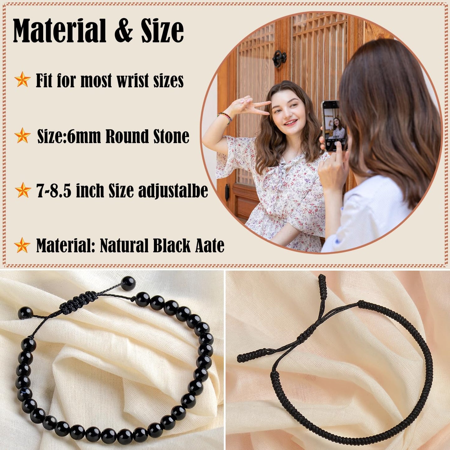 LPBeads 6mm Black Onyx Bracelet with Handmade Rope Bracelet Size Adjustable Natural Stone Crystal Healing Bracelets Gifts for Unisex Adults