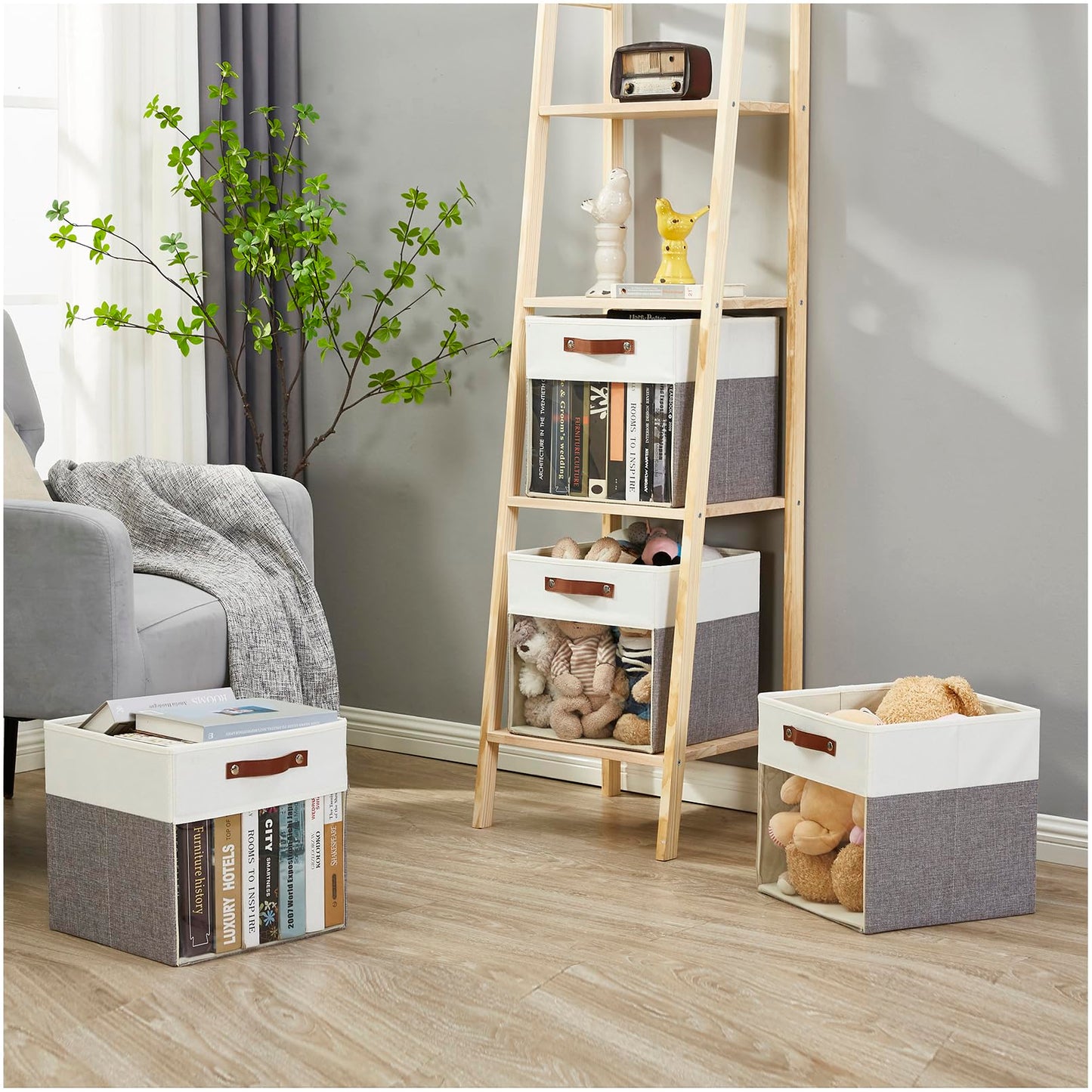 Bagnizer Storage Cubes, 4 Pack Linen Foldable Storage Bins (13 x 13 inch) with Clear Window and 2 Handles, Closet Organizers and Storage for Shelf Closet, Clothes, Books - (Gray and White)