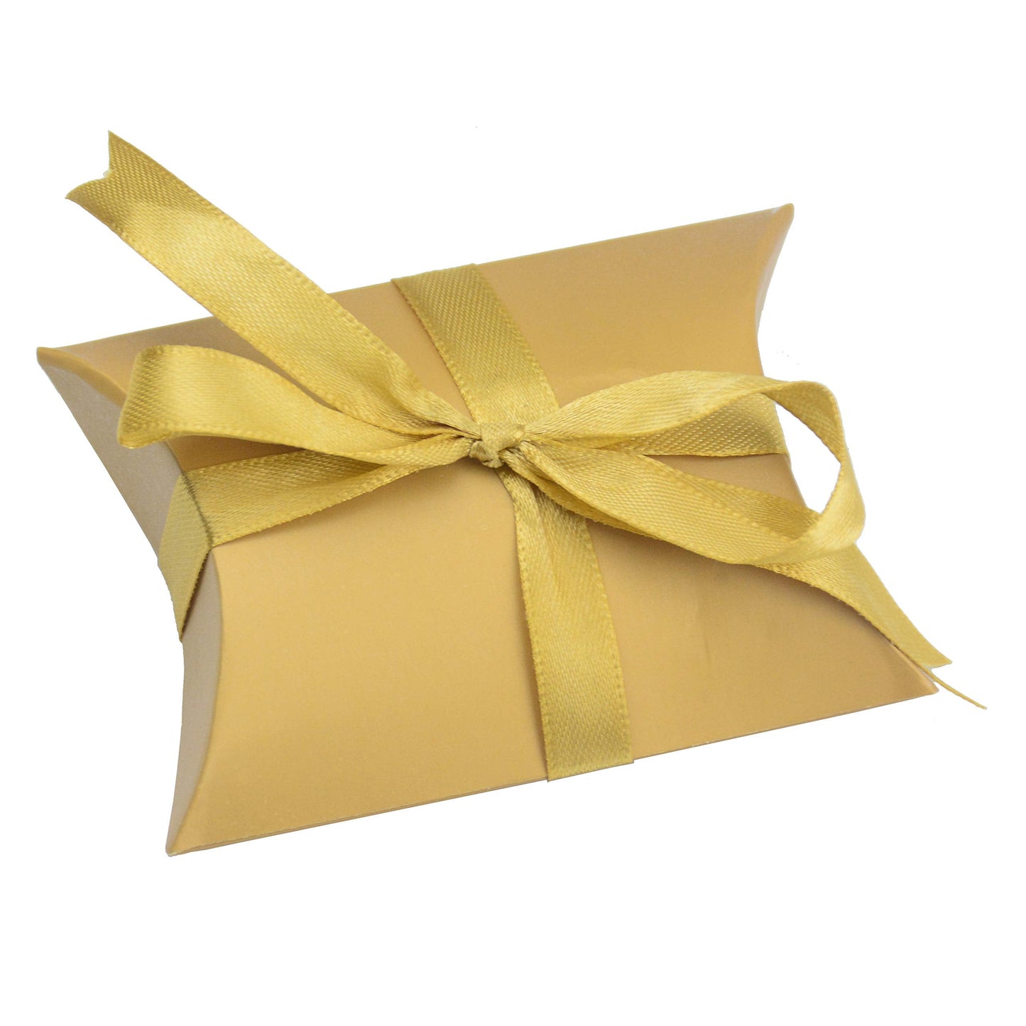 Aokbean 100 Pack Mini Pillow Candy Box Small Gift Boxes with 50 Yards Ribbon for Christmas Wedding Party Favor Gift, Jewelry or Soap Packaging (Gold)