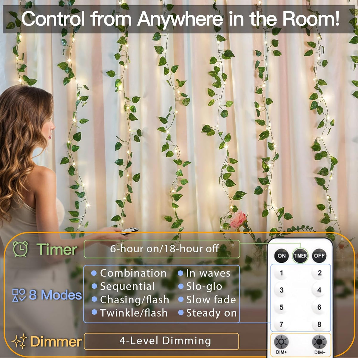 suddus 200 LED Vine with Light Plug in, 6.5ft x 6.5ft Pothos Fairy Curtain Lights with Remote, Leaf Fairy Lights for Wall,Bedroom, Dorm, Wedding, Party, Indoor Decor(Warm White)