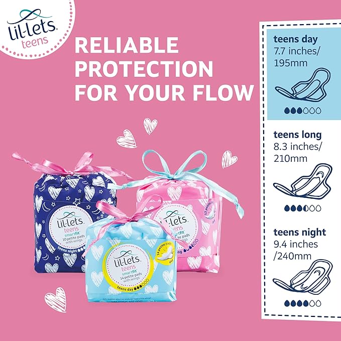 Lil-Lets Teens Day Pads with Wings - 70 Count Period Pads - Thin, Super Absorbent Sanitary Napkins, Soft & Breathable, Fragrance-Free - First Periods, Light to Medium Days