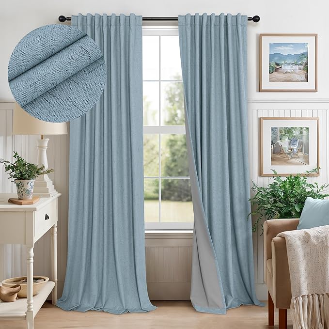 Light Blue Blackout Curtains 96 Inches Long for Living Room Country Rustic Faux Linen Black Out Thermal Insulated Darkening Curtain for Bedroom Patio Door 96 in Length 2 Panel Set Dusty Blue Grey Gray