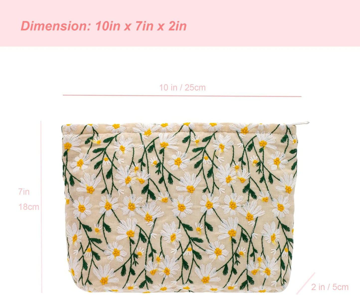 Makeup Bags for Purse Zipper Cosmetic Pouch Large Travel Canvas Make Up Organizer Tool Pouch for Women and Girls,Daisy White