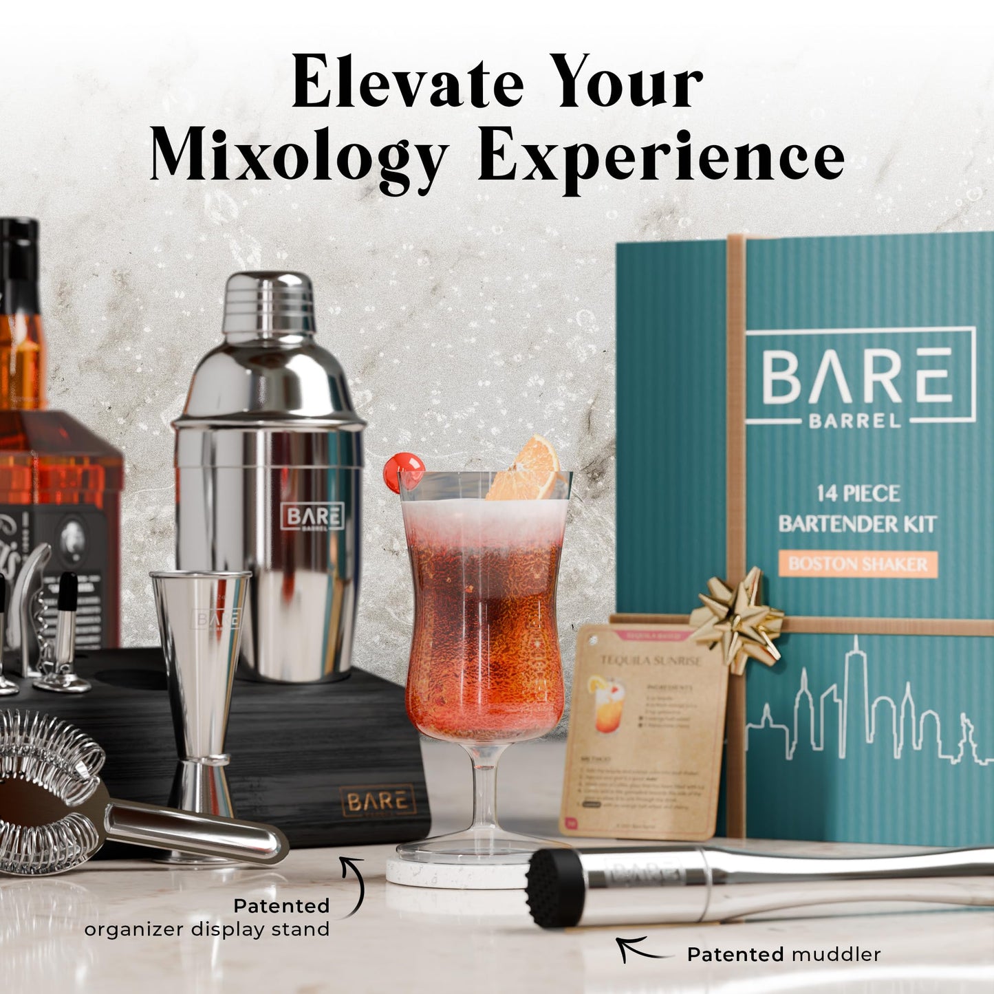 BARE BARREL® Mixology Bartender Kit Bar Set | 14-Piece Cocktail Shaker Set | Martini Barware Mixing Tools for Home Bartending | Incl. 35 Recipe Cards | Gift Set (24oz Cobbler Shaker, Silver/Black)