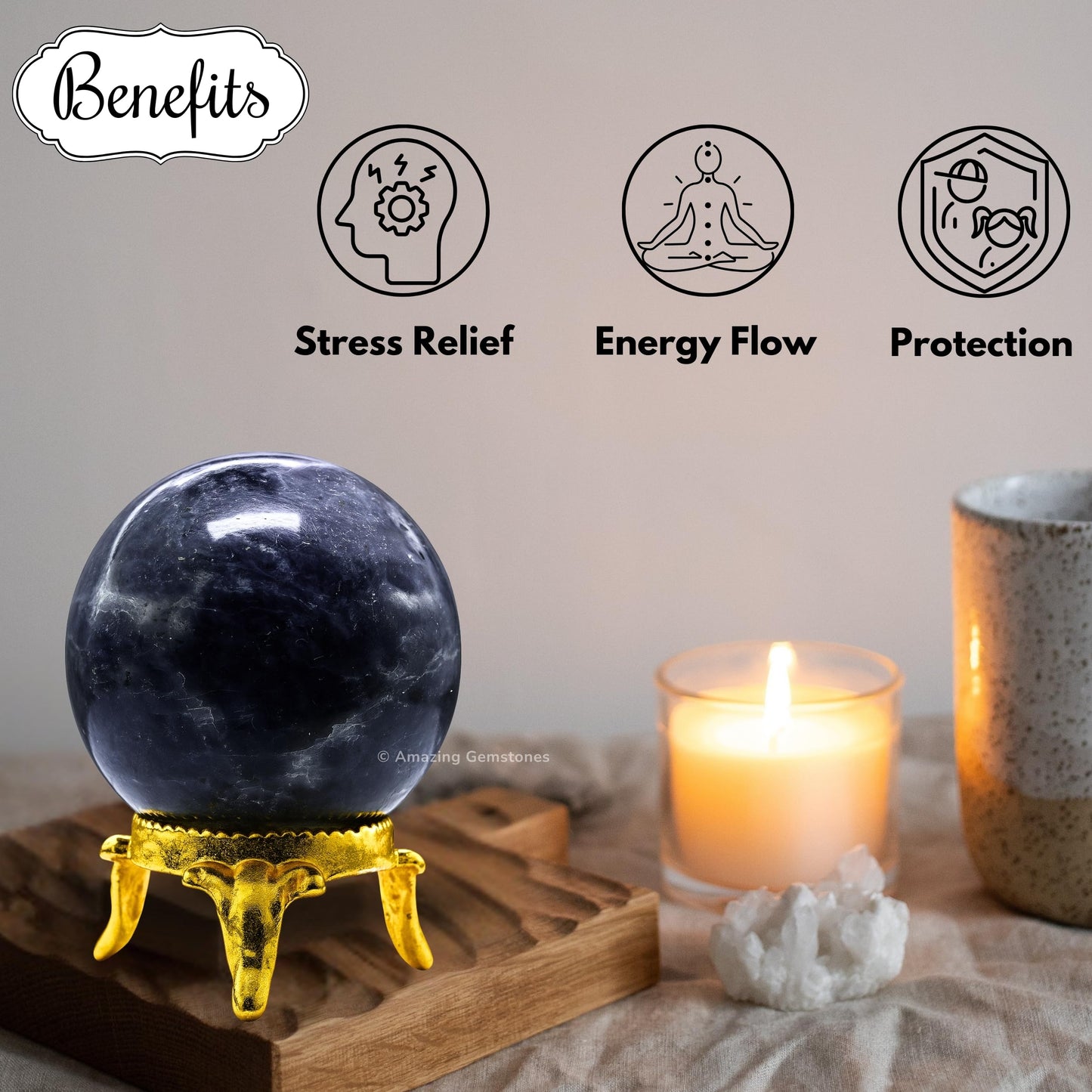 Amazing Gemstone Iolite Crystal Ball with Stand - 2 Inches Crystal Sphere Meditation Balls for Witchcraft and Decorative Balls
