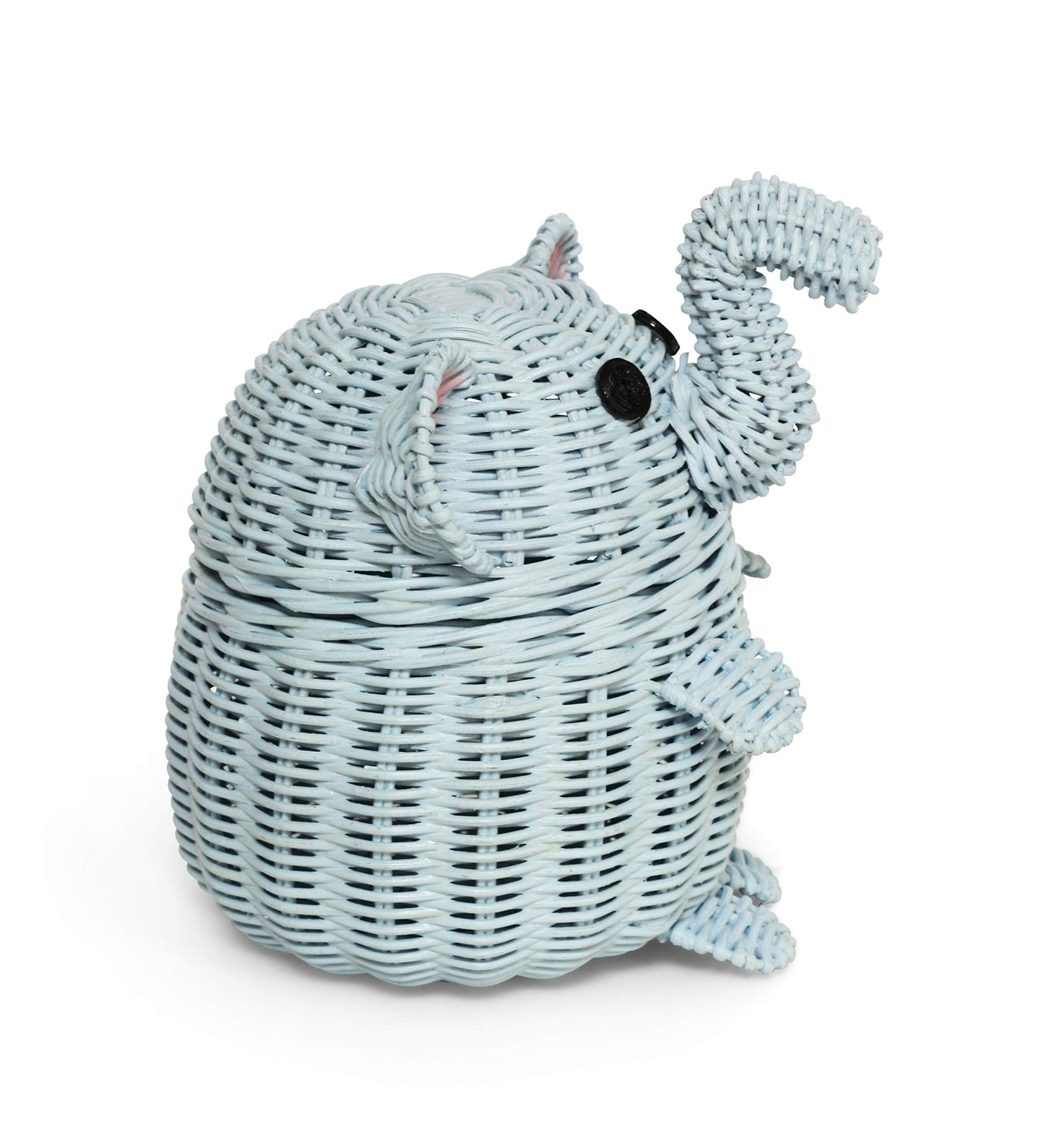 G6 COLLECTION Elephant Rattan Storage Basket With Lid Decorative Bin Home Decor Hand Woven Shelf Organizer Cute Handmade Handcrafted Nursery Gift Animal Decoration Wicker Elephant (Small, Blue)