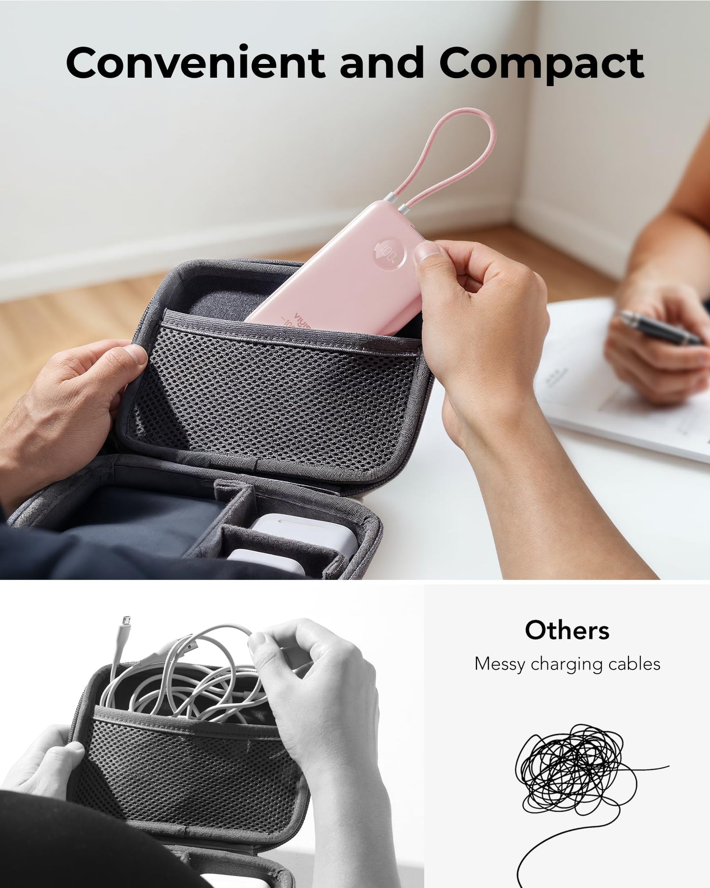 VIYISI Slim Portable Charger Power Bank 10000mAh, PD 20W Fast Charging Compact Battery Pack with Built-in USB C Cable, Travel Essential Compatible with iPhone 17 16 15, Samsung, Android - Pink