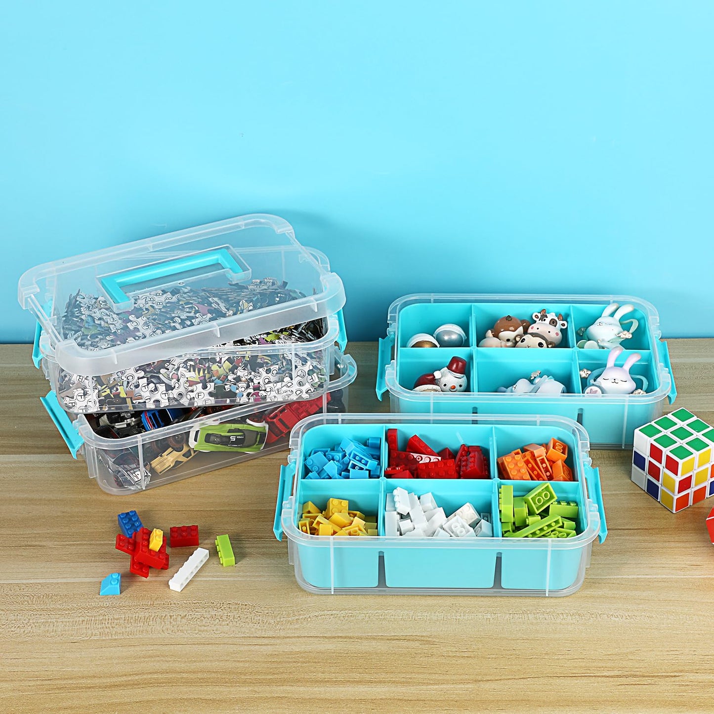 JUXYES 4-Tiers Stack Carry Storage Box With 2 Divided Tray, Transparent Stackable Storage Bin With Handle Lid Latching Storage Container for School & Office Supplies, Blue