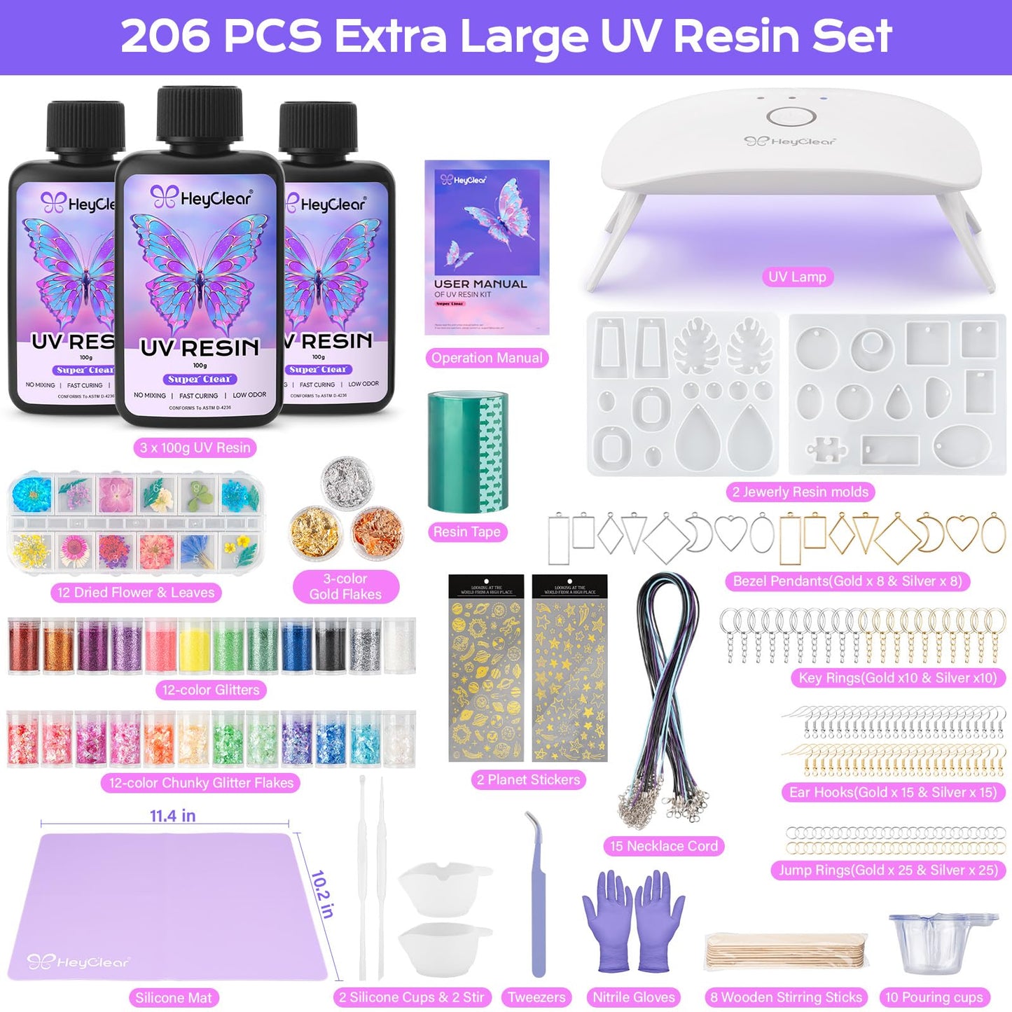 HeyClear UV Resin Molds Jewelry Making Kit with Light -300g Super Clear, Hard, Low Odor, Premixed and Fast Curing for Keychains, Earrings, DIY Craft Decorations