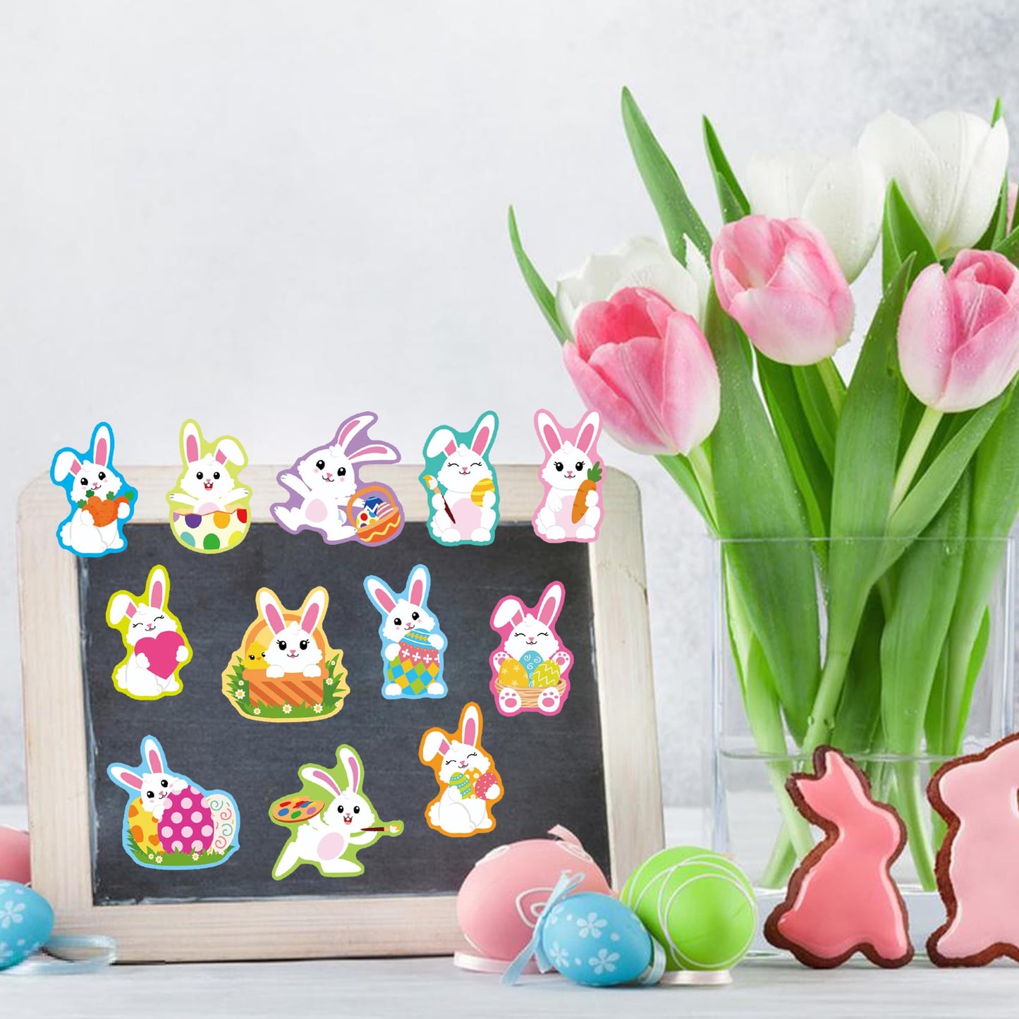 1200 PCS Easter Bunny Stickers Roll 12 Designs Easter Egg Rabbit Stickers Self-Adhesive Decorative Label Stickers for Envelopes Craft Card Gift Party Supplies, 2 Rolls