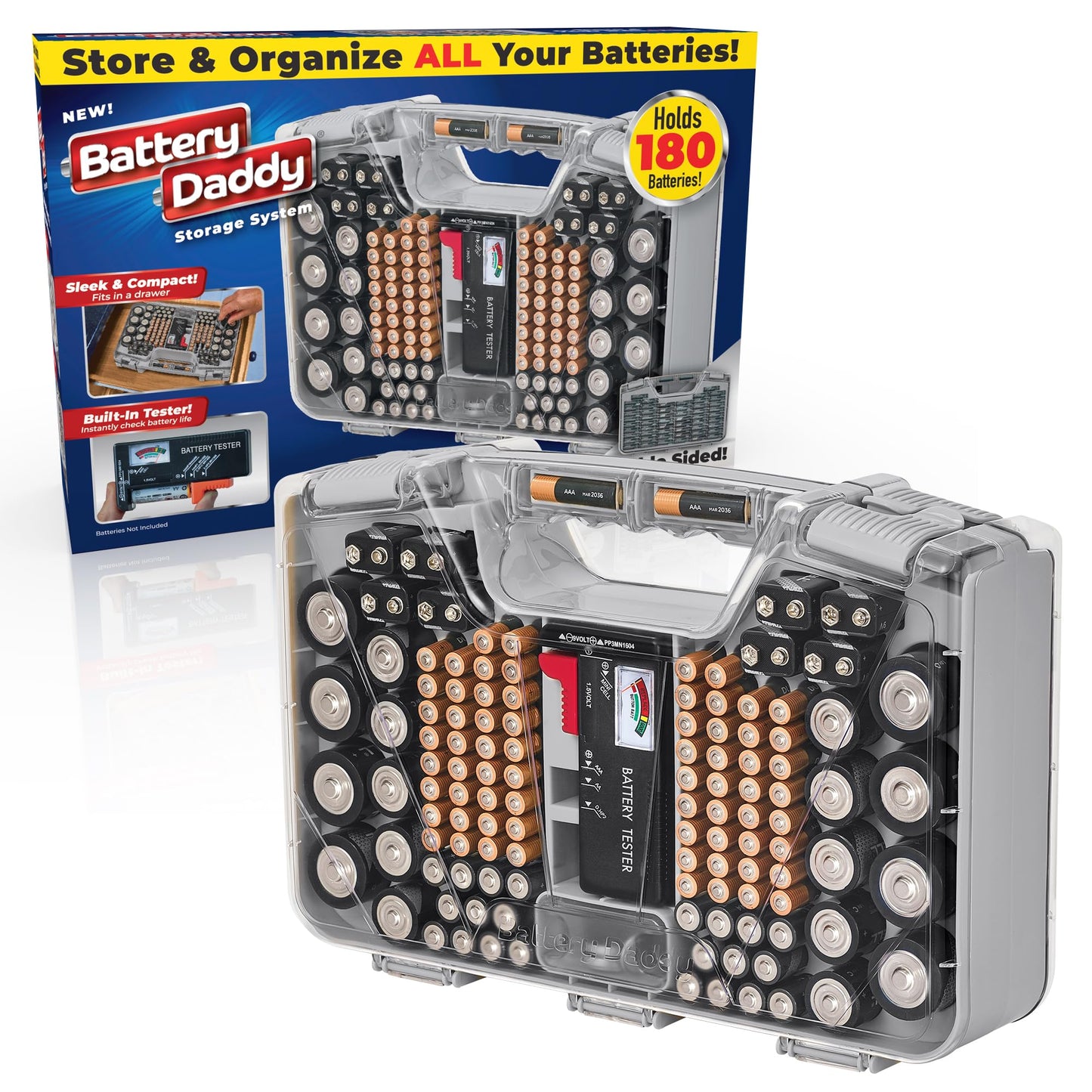 Battery Daddy Storage & Organizer Case w/Tester, Stores & Protects Up to 180 Batteries, Double-Sided, Clear Locking Lid, Secure Latches & Portable Carrying Handle- Warm Grey (Batteries Not Included)