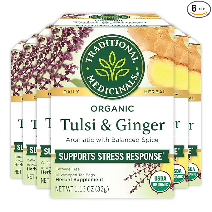 Traditional Medicinals Tea, Organic Tulsi & Ginger, Relieves Stress, Tension, & Irritability, 96 Tea Bags (6 Pack)