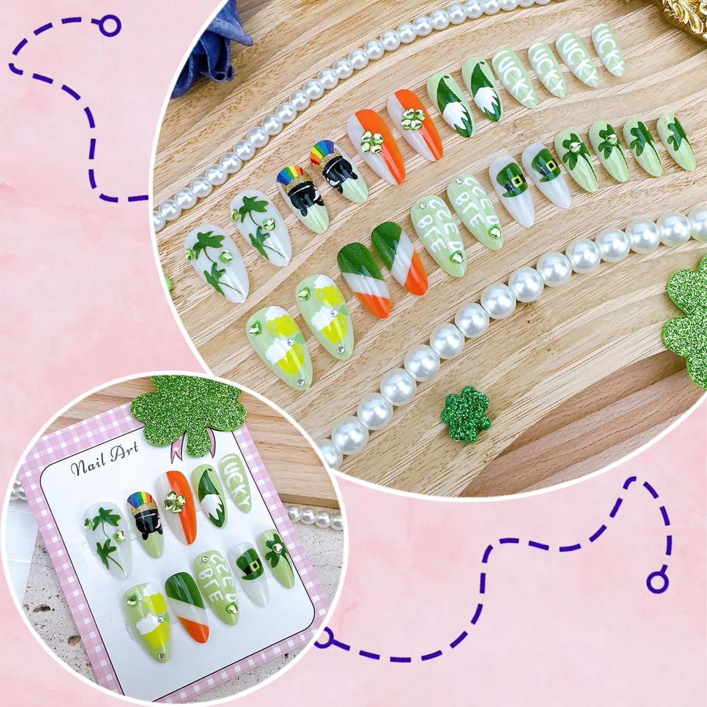 24Pcs St. Patrick's Day Press On Nails Medium Almond Fake Nails with Shamrocks Rhinestones Designs Rainbow Acrylic Nails Hat Dwarf Lucky Clover False Nails St Patricks Day Glue on Nails for Women