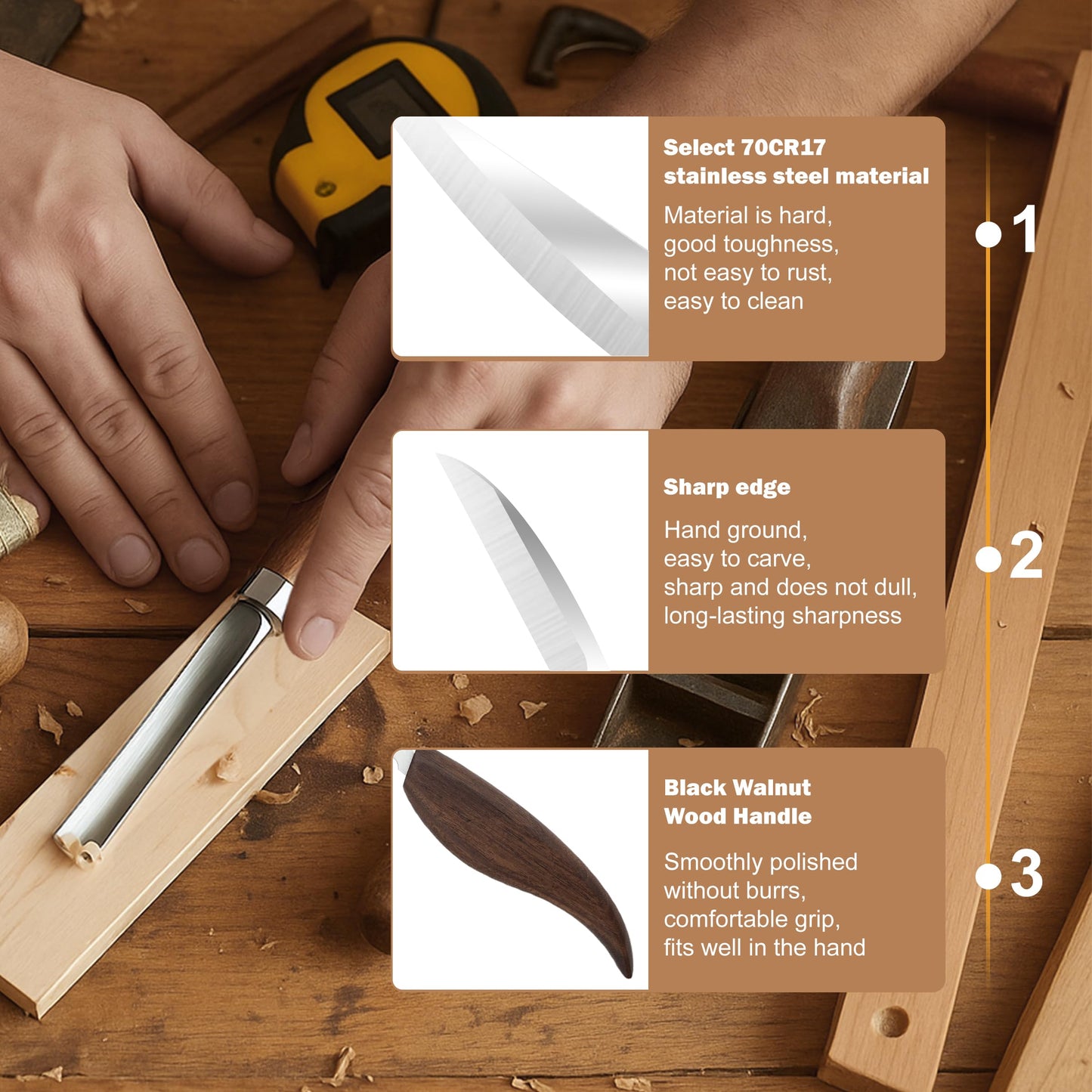 Wood Carving Knife Set, Stainless Steel Whittling Knife with Sharp Edge and Black Walnut Wood Handle for Comfortable Grip - Ideal Whittling Kit for Beginners and Professionals with Storage Bag