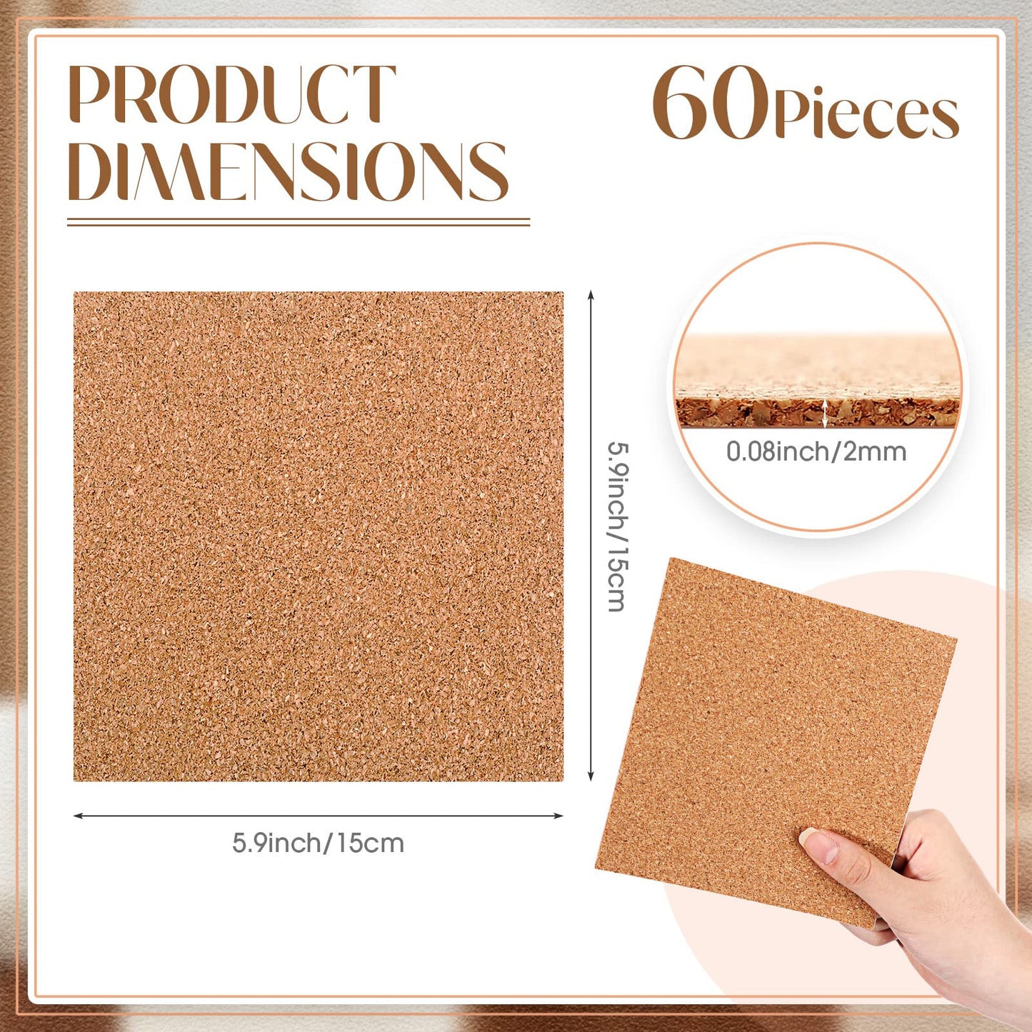 Chunful 60 Pcs Self Adhesive Cork Squares 6" x 6" Cork Backing Sheets for Coasters DIY Ceramic Tiles, Mat, Mini Wall Board, 2 mm Thick