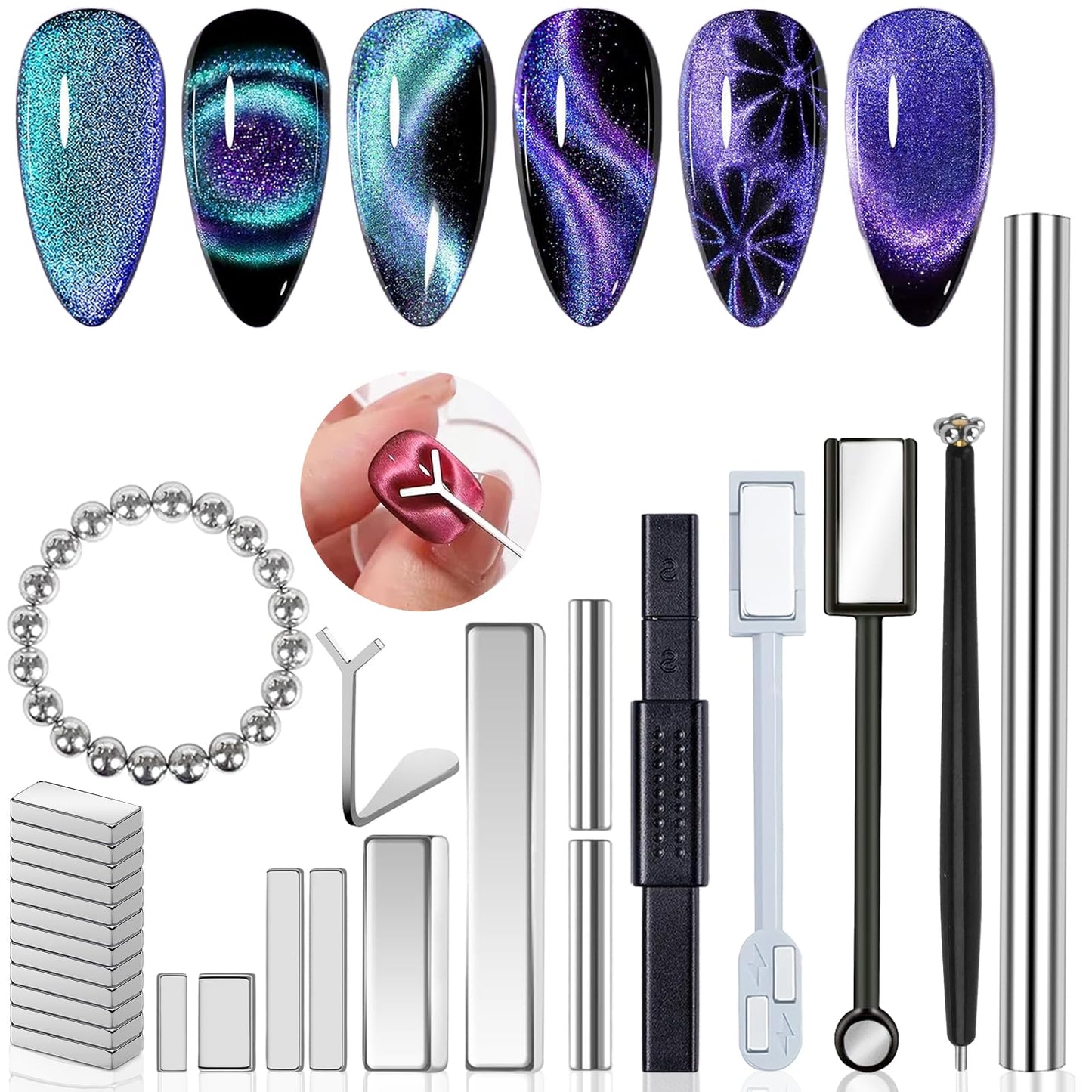 MOLILON 46Pcs Cat Eye Nail Magnet Tool Set, Cat Eye Heart Magnets for Nails, Double-Head Nails Magnet Stick, Round Magnetic Beads, Heart Cat Eye Gel Polish Magnets Tools for Women DIY Manicure