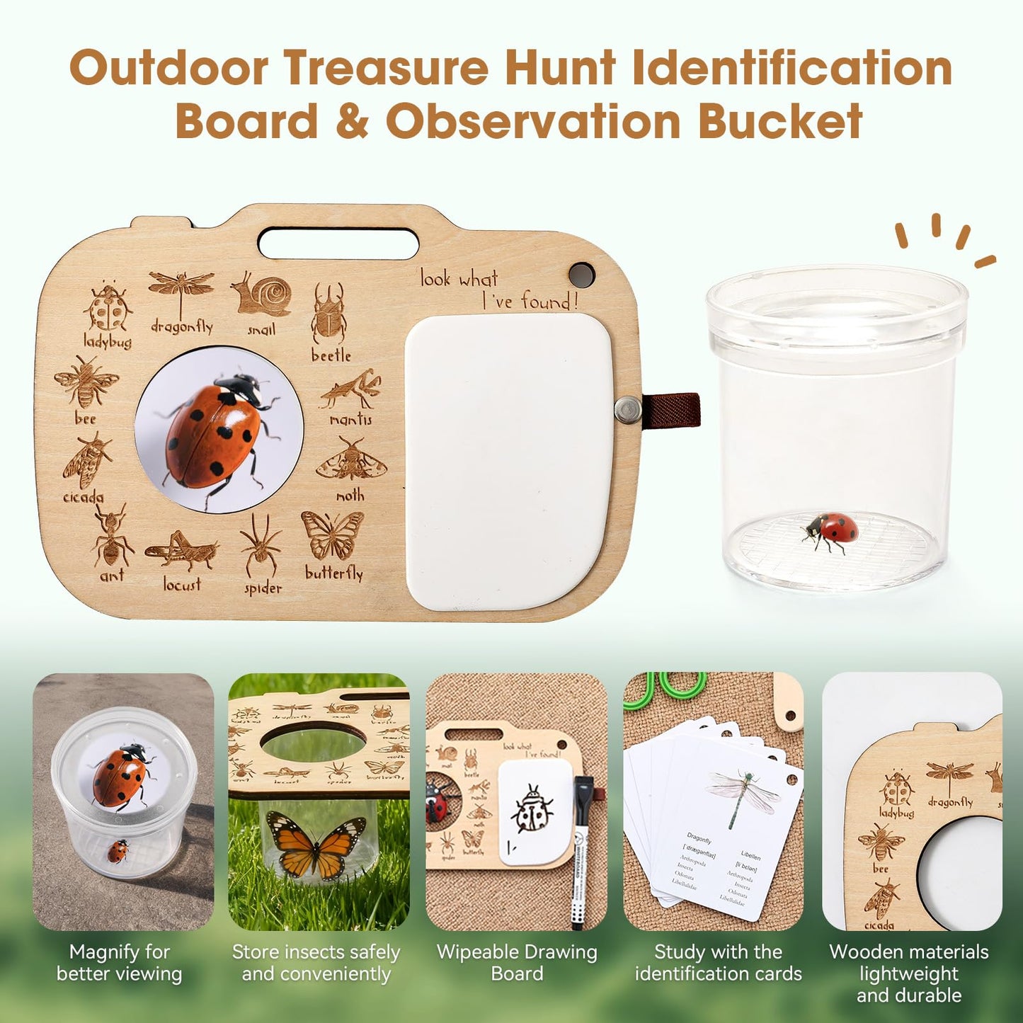 Bug Catcher Kit for Kids, Bug Catching Kit with Bug Box, Learning Cards & Observation Board, Outdoor Toys Scavenger Hunt Play Set, Adventure Set for Backyard & Camping Fun Gift for Girls Boys