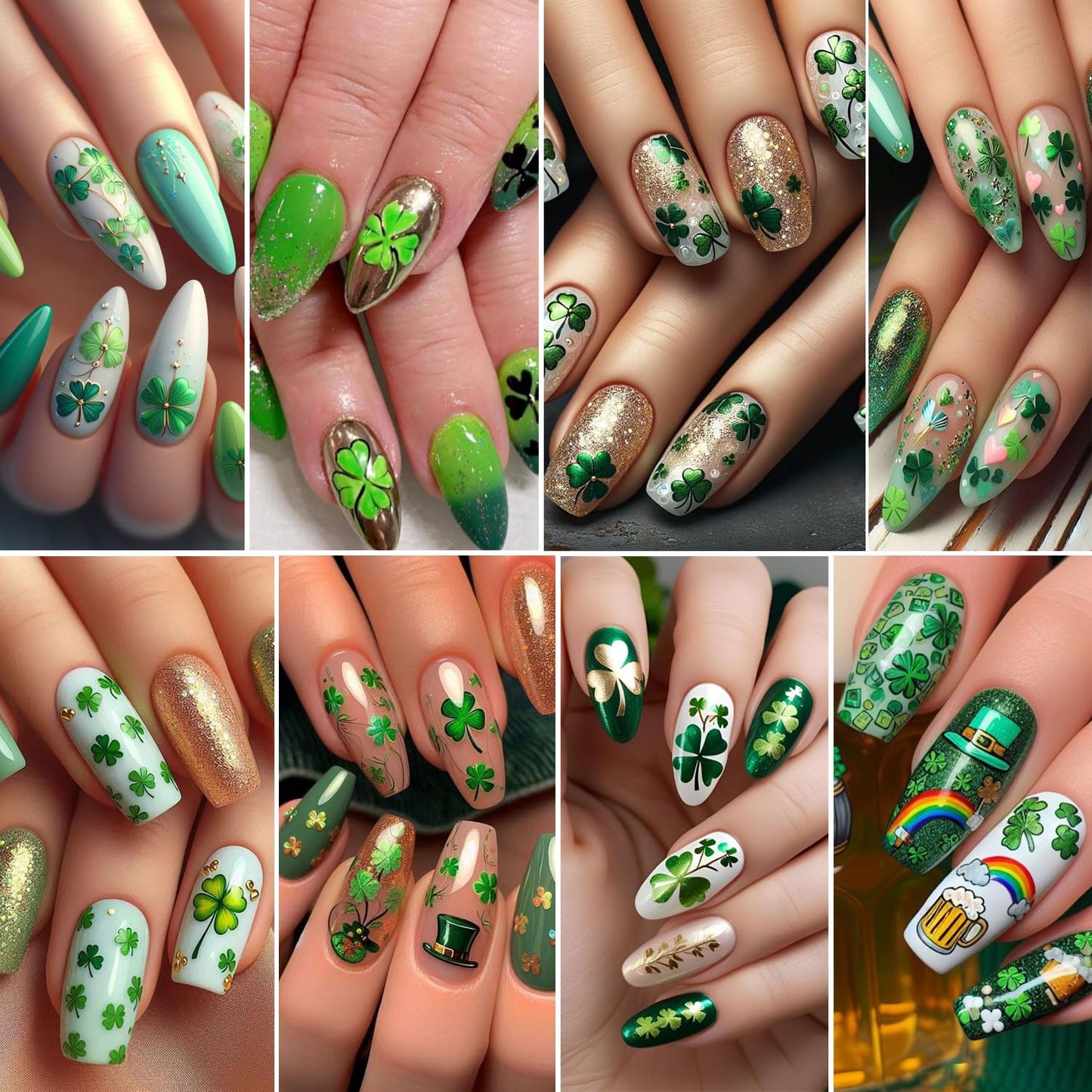 6Pcs St. Patrick's Day Nail Stickers Set Customized and Unique Irish Shamrock 3D Self-Adhesive Nail Decals Lucky Clover Four Leaf Design Green Shamrock Sticker for Saint Patricks Day Nail Decoration