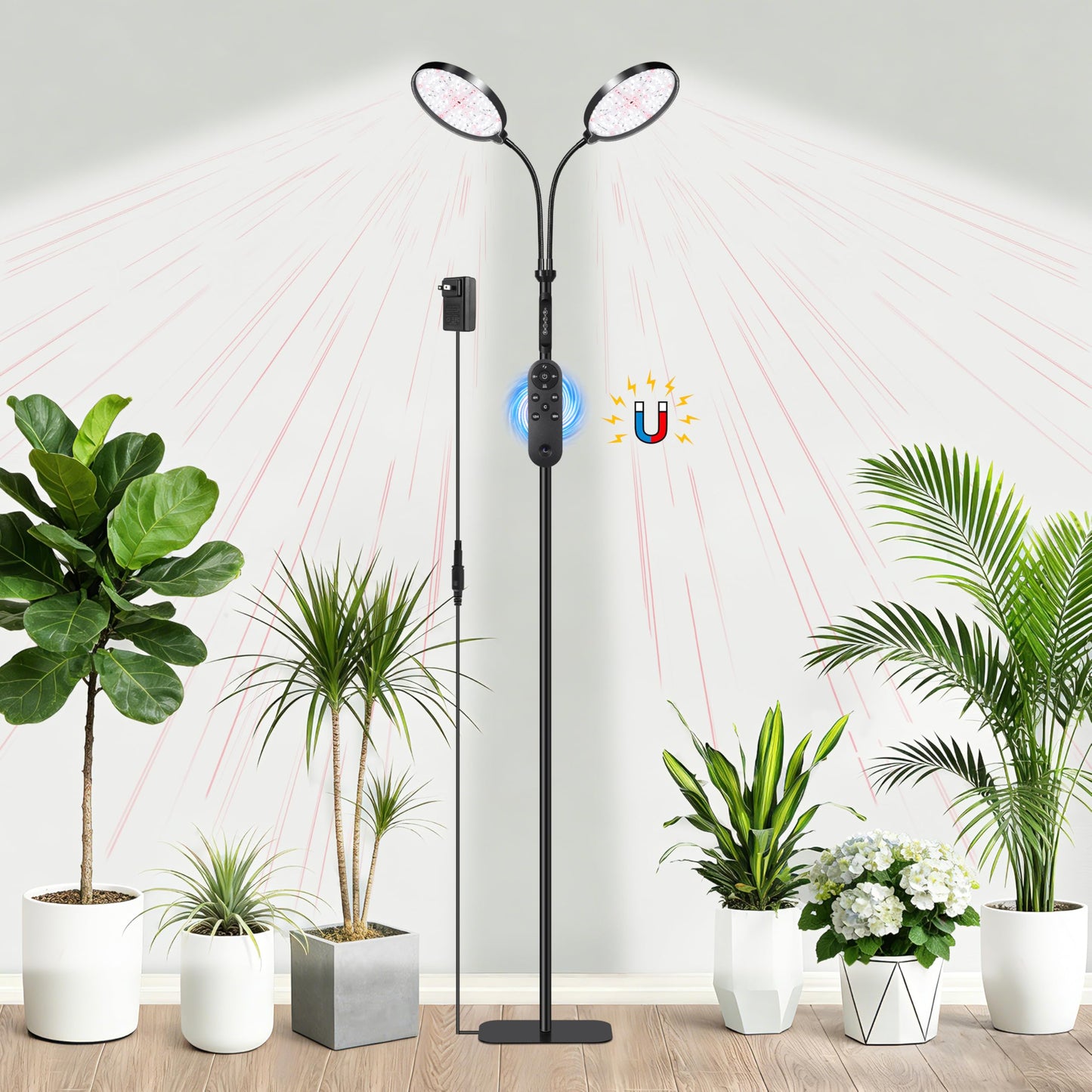 Dual Head Grow Light for Indoor Plants, Full Spectrum Floor Standing Plant Light, Remote Control & 4/8/12/18H Timer, 3 Modes 10 Dimmable Levels, Stable Base for Tall Plants Succulents Herbs, Black