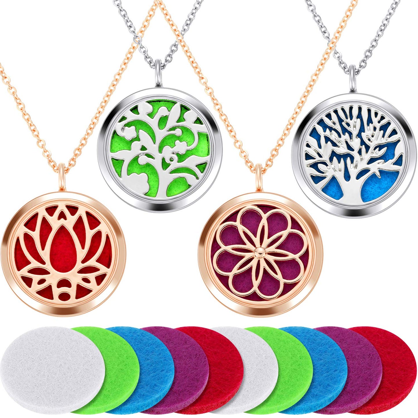 Hicarer 4 Pieces Essential Oil Necklace Diffuser Oil Pendant Locket Aromatherapy Pendant Perfume Oil Jewelry Necklace with 14 Refill Pads and 24 Inch Adjustable Chain