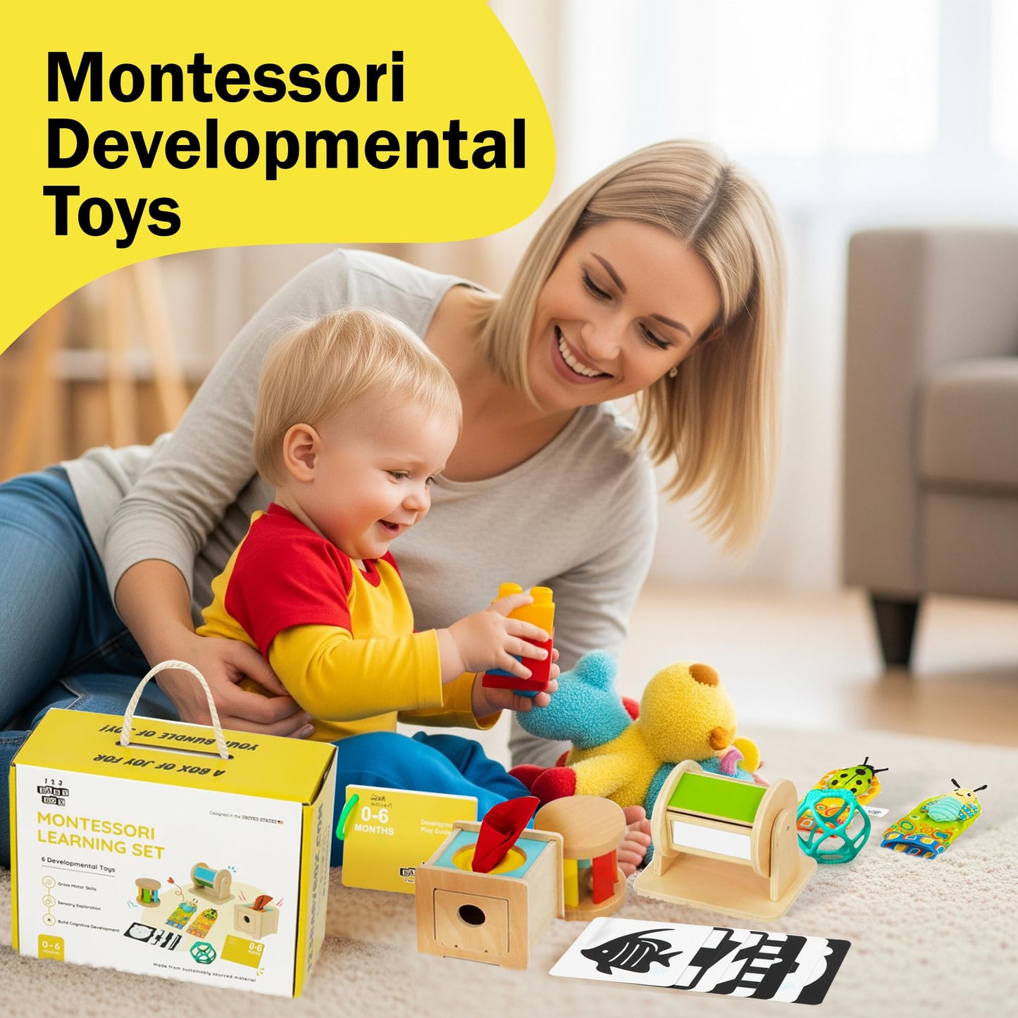 123 BABY BOX Montessori Toys for Babies 0-6 Months - 6-in-1 Educational Sensory Development Kit with Rolling Bell, Magic Tissue Box, Spinning Drum & More
