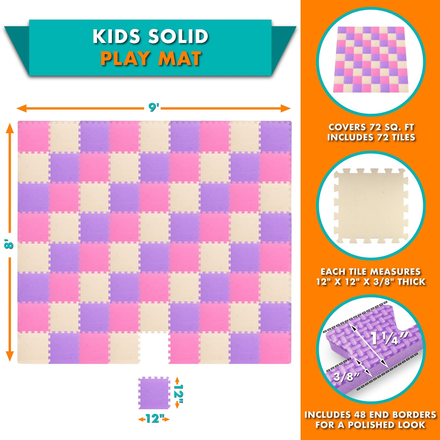 ProSource Baby Play Mat, Soft Foam Floor Tiles for Kids, Interlocking EVA Panels for Playpen Use, Crawling Development Surface, Safe Non-Toxic Toddler Flooring, 72 Tiles, Pink/Purple/Beige