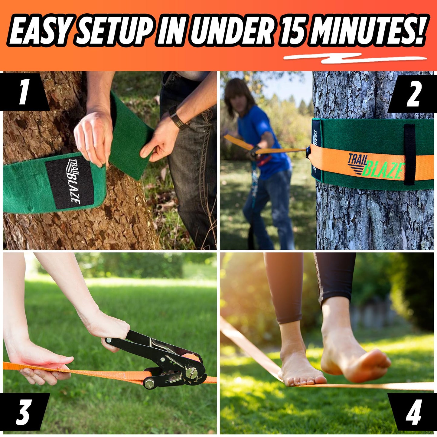 Complete Slackline Kit with Training Line - 60ft Slack Lines for Backyard for Kids and Adults, Wider Tree Protectors - Ninja Slackline Kit for Kids Outdoor Play Equipment (Complete Kit - Orange)