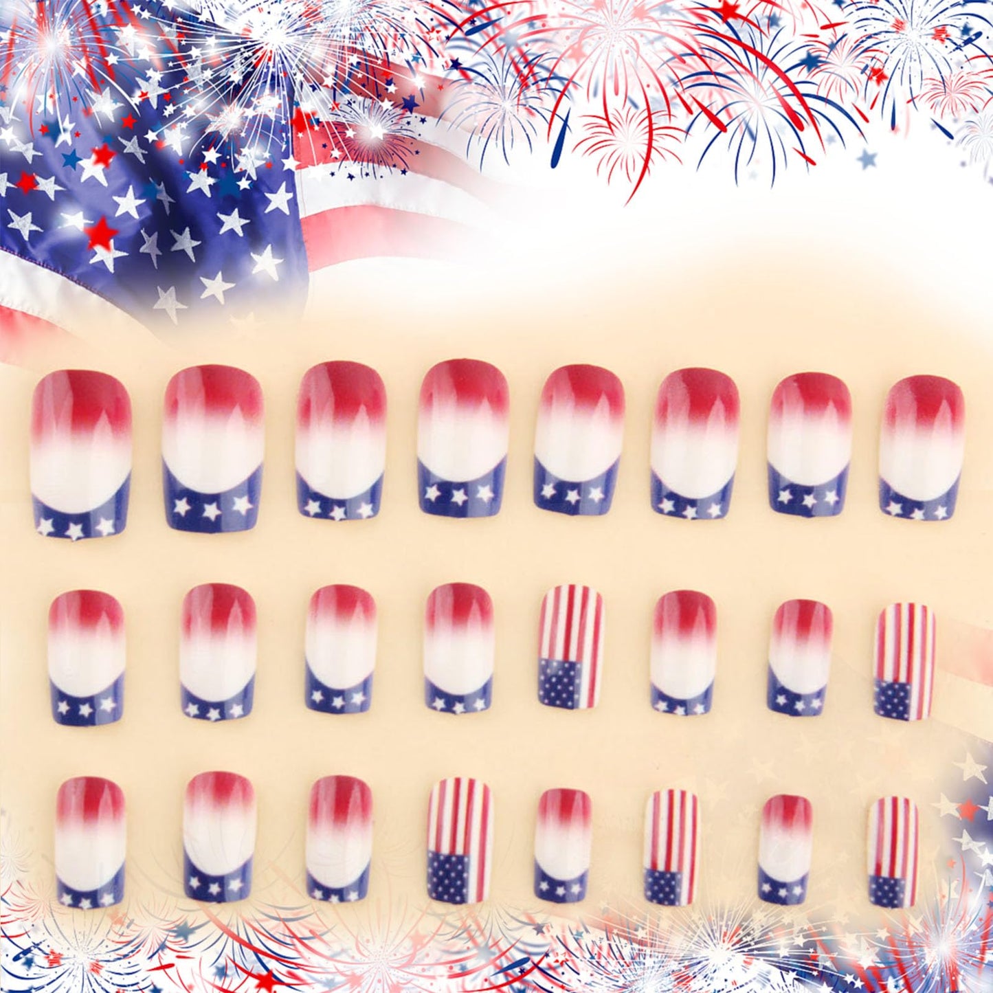4th of July Press on Nails Glossy Blue French Tips Glue on Artificial Fingernails American Flag Fake Nails 24 Pcs Independence Day Acrylic False Nail HZJXRT Medium Square Stick on Nail for Women Gift