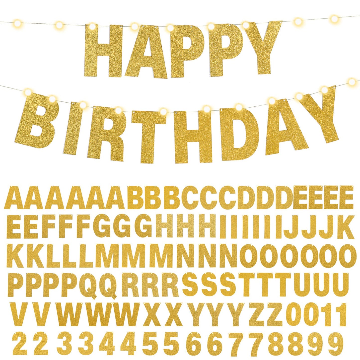 TaoBary 112 Pcs DIY Letter Kit Glitter Customizable Banner Letters Include 107 Letters and Numbers 3 Rope and 2 Needles for Birthday Halloween Christmas Wedding Valentine Party Decor(Gold)