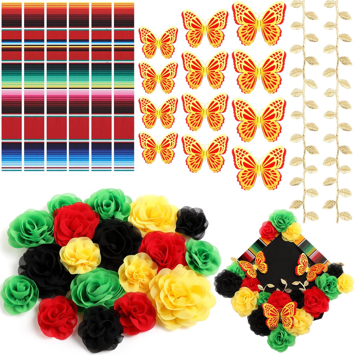 Fullhawl 37 Pcs DIY Mexican Graduation Cap Decorations Accessory Kit Include Chiffon Flower Heads 3D Butterfly Mexican Striped Sticker Gold Leaves Graduation Cap Decoration DIY Decor(Black)