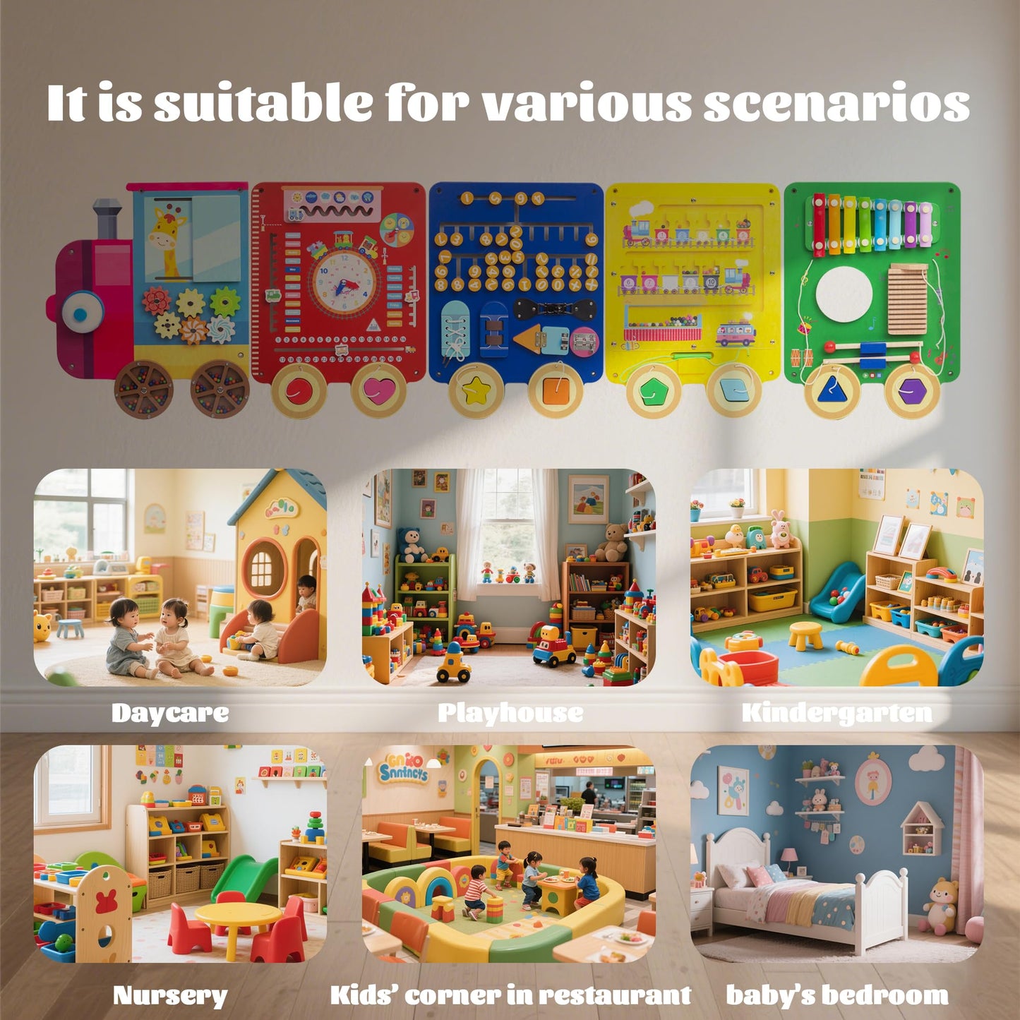 UREDISO Train Activity Wall Busy Board,Wooden Busy Board Train Activity Wall Panels,Montessori Sensory Wall Toys Panel for Kids, Learning Activity Center for Playroom,3 Years Old and Over
