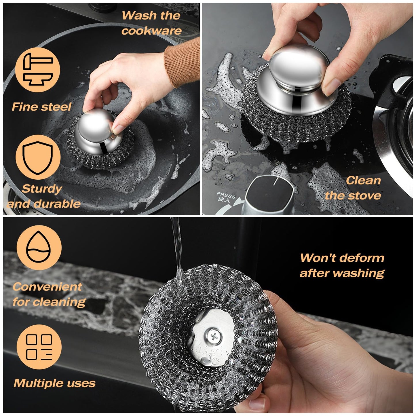 Heavy Duty Stainless Steel Scrubber Set - Long & Short Handle with 5 Steel Wool Pads, Cast Iron & Pot Scrubber for Dishes, Pans, Grills, Stoves
