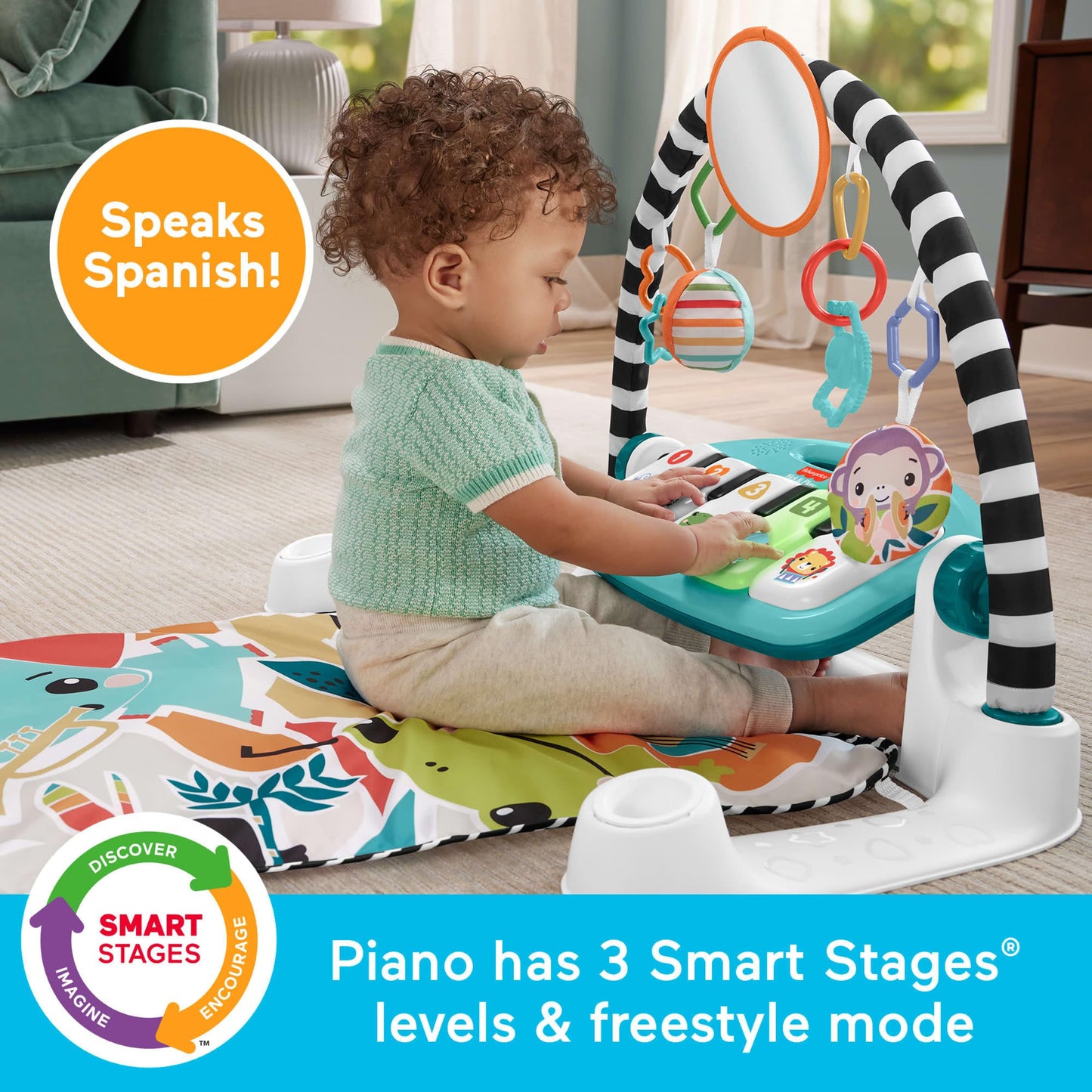 Fisher-Price Baby Activity Mat Glow & Grow Kick & Play Piano Gym, Spanish Language Version, Blue Musical Learning Toy for Ages 0+ Months