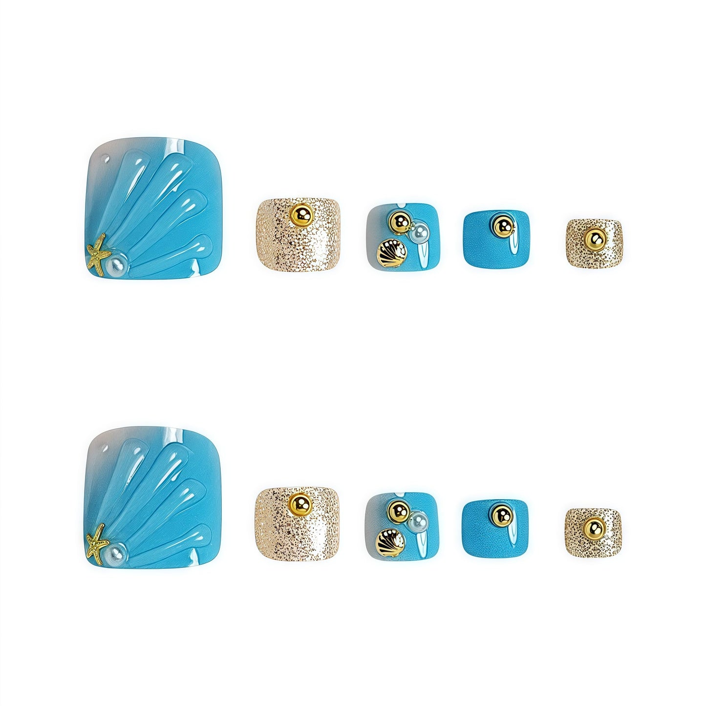 Ombre Blue Press on Toenails Short Square with Summer 3D Starfish Shells Gold Glitter Designs Full Cover Acrylic Beach Pearl False Toe Blue Gradient toenail Stick for Women 24Pcs