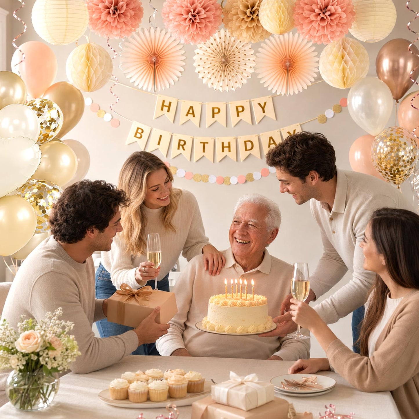 64Pcs Birthday Party Decorations Happy Birthday Banner, Paper Lanterns, Streamers, Tissue Pom Poms, Party Balloons, Rustic Backdrop Decor (Champagne-Gold Beige)